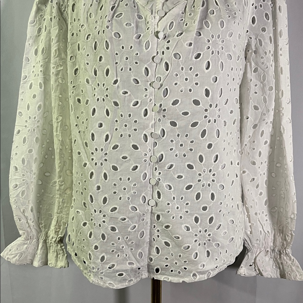 NWT PrettyGarden White Floral Eyelet Long Sleeve Button Front Ruffle Blouse - Picture 7 of 16